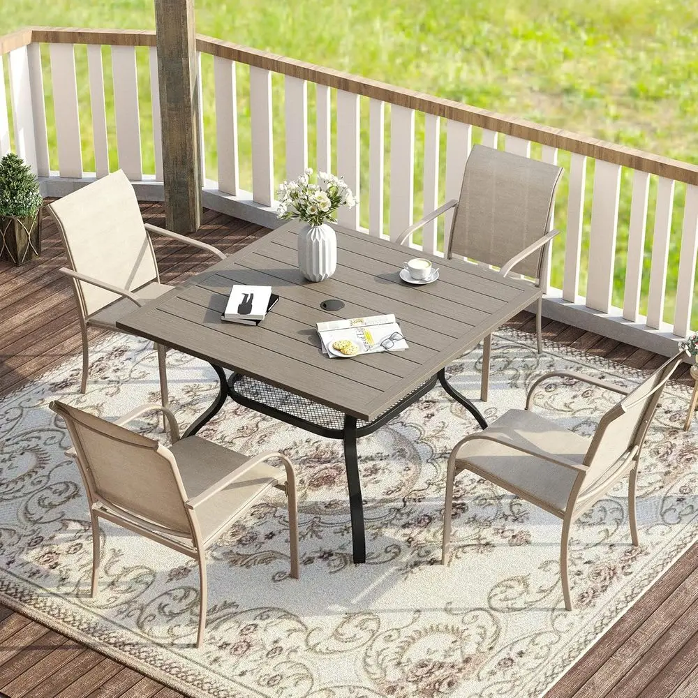 

5 Pieces Patio Dining Set, Outdoor urniture Set Includes 37.8" Square Outdoor Table and 4 Stackable Patio Sling Chairs, Grey Woo