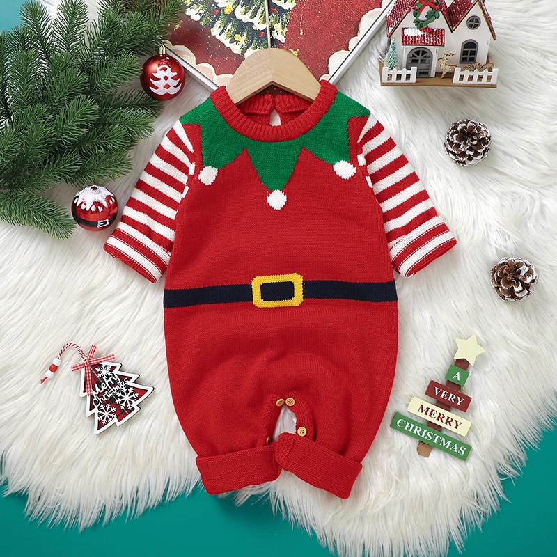 Red Green Santa Claus Knitted Baby Romper Clothes Winter Newborn Boys Girls Long Sleeve Jumpsuits Infant Christmas Outfits 0-18m