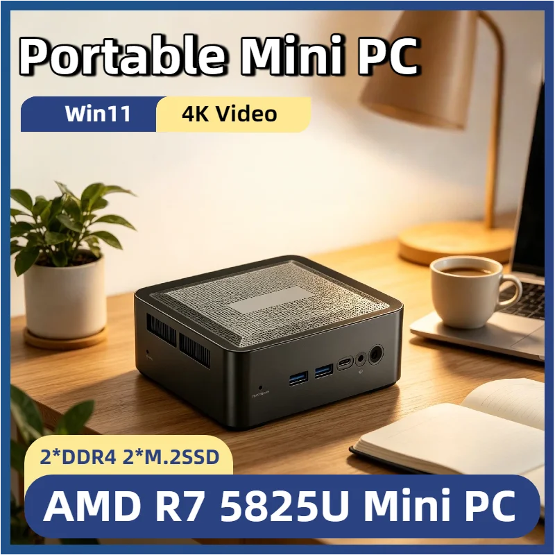 AMD R7 5825U Mini Gaming PC 2xDDR4 3200MHz M.2 SSD HDD Win11 Pro WIFI6 BT5.2 Desktop Computer for Office Home Pro