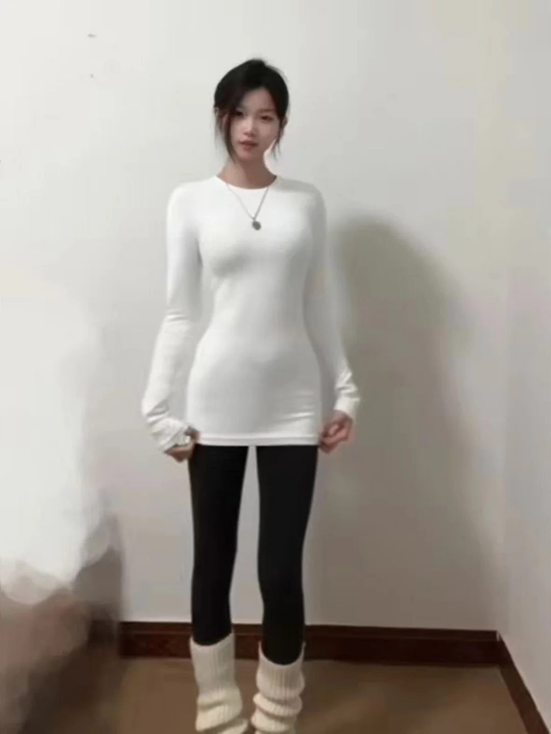 White round Neck Mid-Length Fleece Long Sleeve T-Shirt Women's Autumn Winter Inner Waist Shaping Slimming Butt Covering Base Top