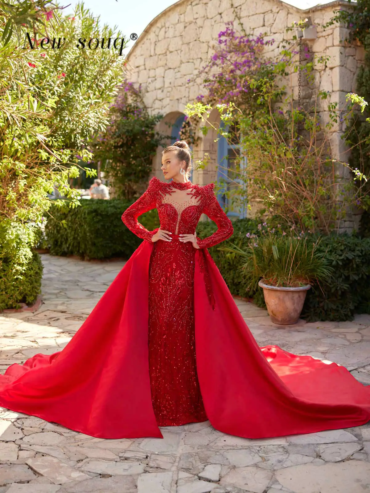 Arabic Red Glitter Sequin Beaded Formal Evening Dresses with Long Sleeves Customized Elegant Overskirts Engagement Party Gowns