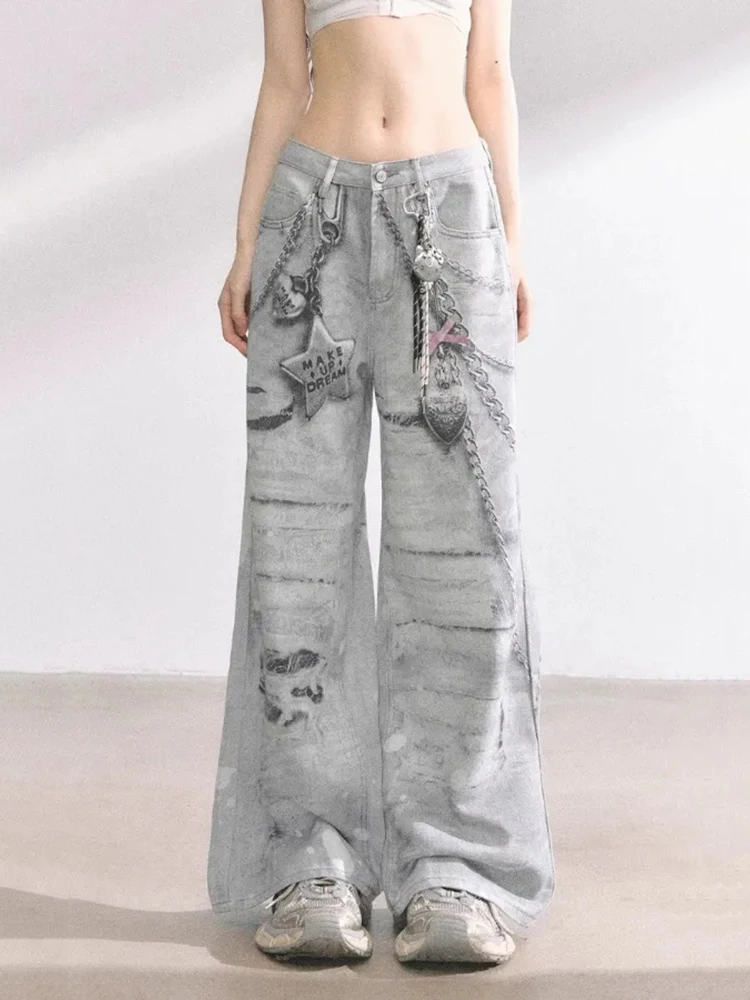Frauen Amerikanischen Stil High Street Vintage Lose Gerade Hosen Herbst Neue Casual Y2K Retro Gedruckt Breite Bein Jeans
