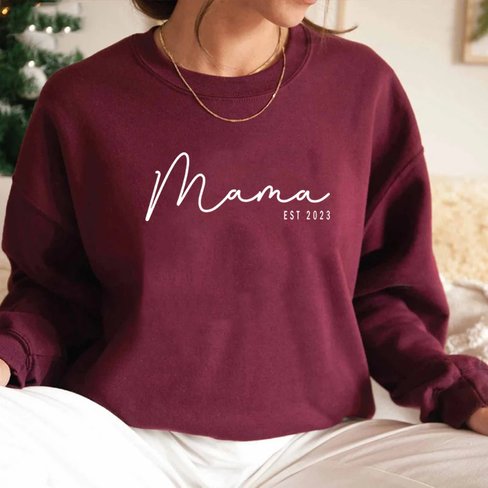 Mama Est 2023 Sweatshirt Mothers Day Gift Women Long Sleeve Crewneck Sweatshirts Personalized Hoodie New Mom Gift Casual Tops