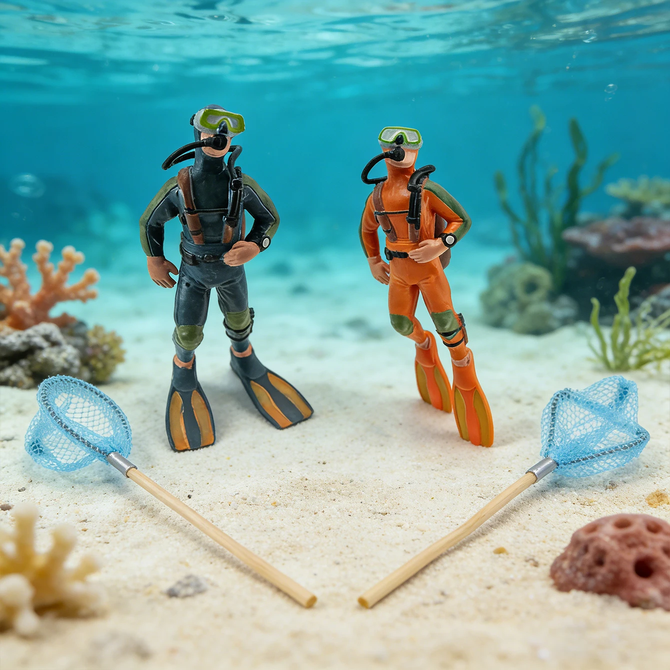 Miniature Diver Model with a Net Bag. Ocean-Themed. Fish Tank Decoration Piece for Tabletop Creative Display.