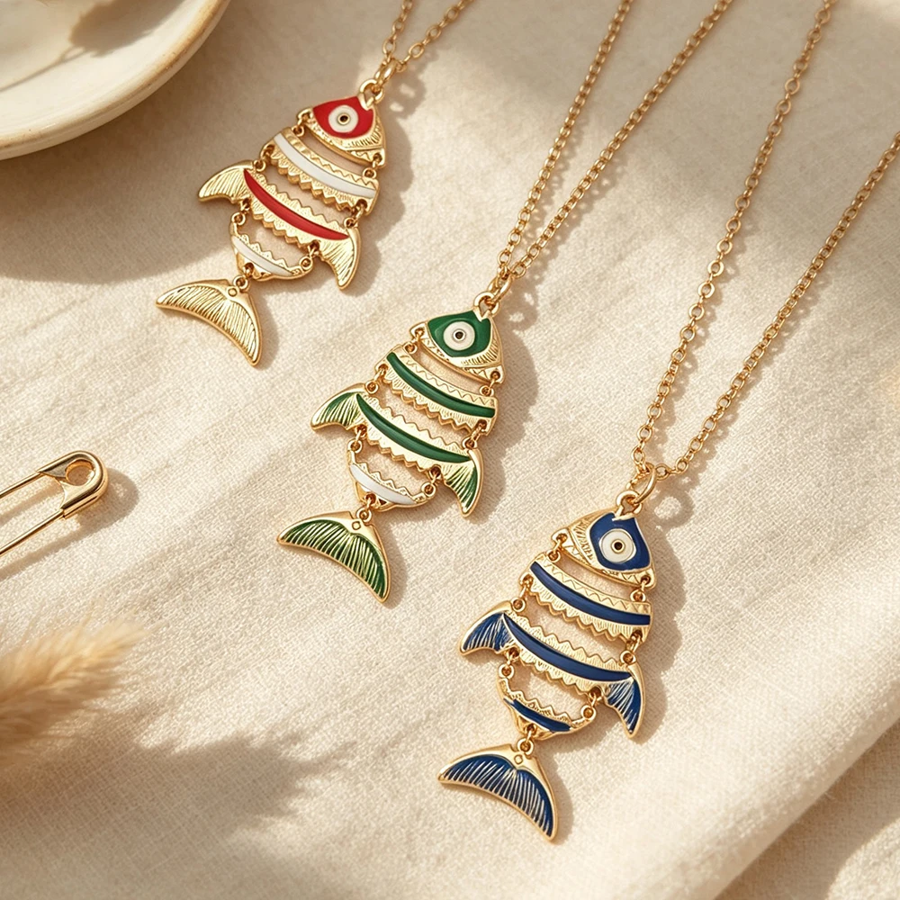 Layered Swinging Fish Decorative Necklace, Color-Blocking Enamel Personalized Pendant, Beachy Vibe Accessory