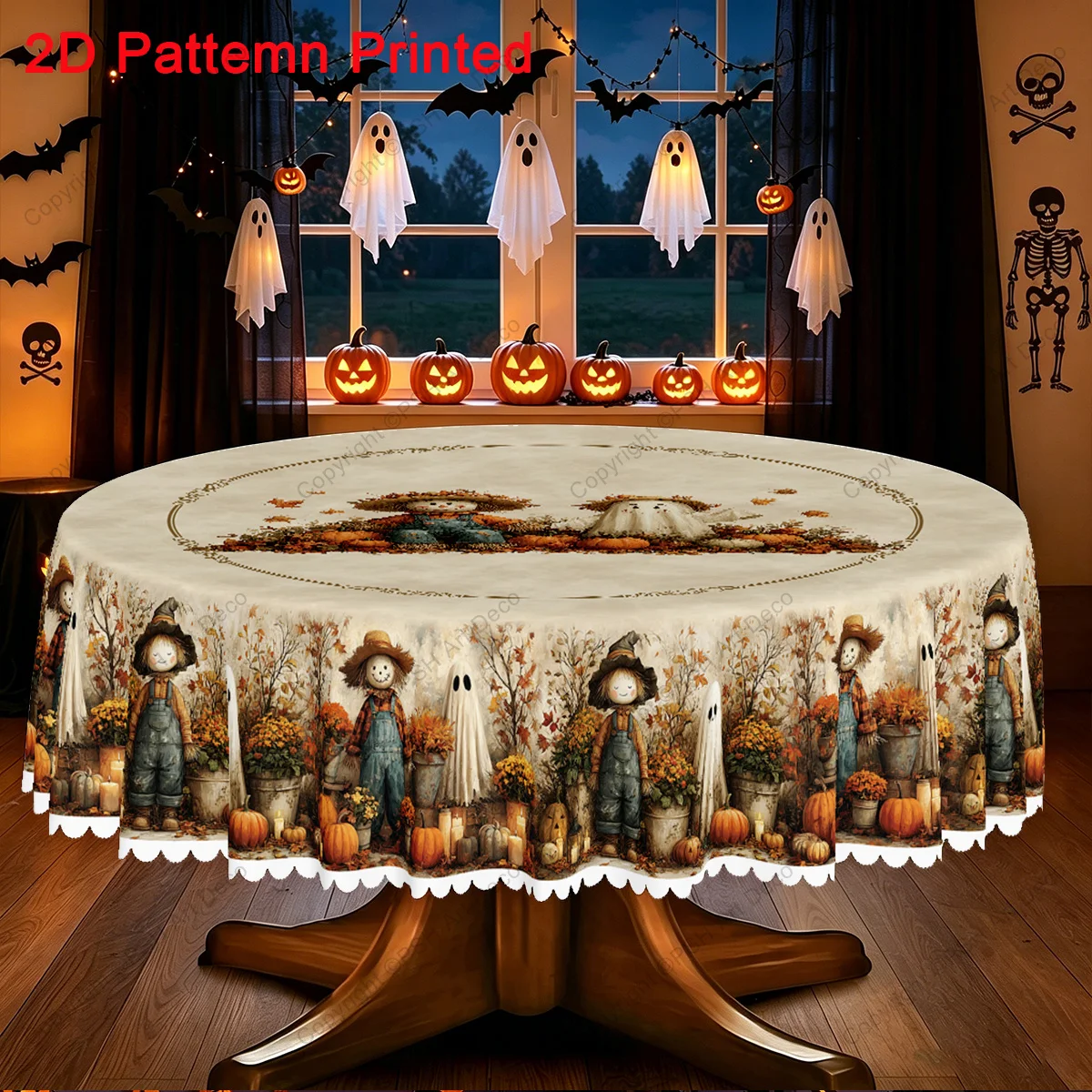 One item: Halloween-themed tablecloth, cute and cozy pumpkin autumn leaves candles and scarecrowzyc
