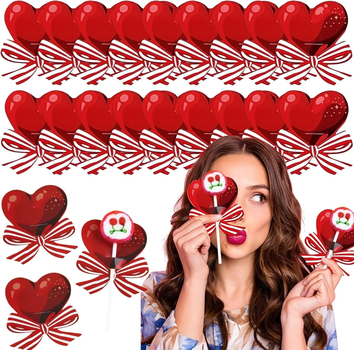 100 Pcs Valentine Lollipop Holder Paper Tags Red Heart Bow Candy Wrappers Card Decorations Craft Label Christmas Wedding Home DIY Party Supplies