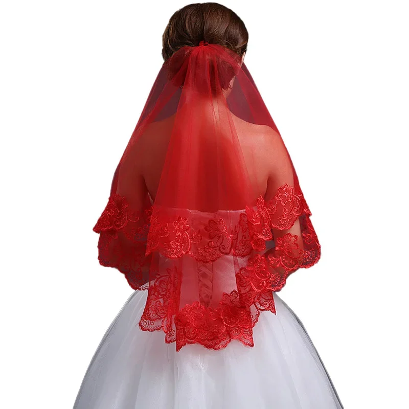 Classic Red Bridal Headcloth Bridal Wedding Veil Simple Lace Accessory Headpiece for Woman