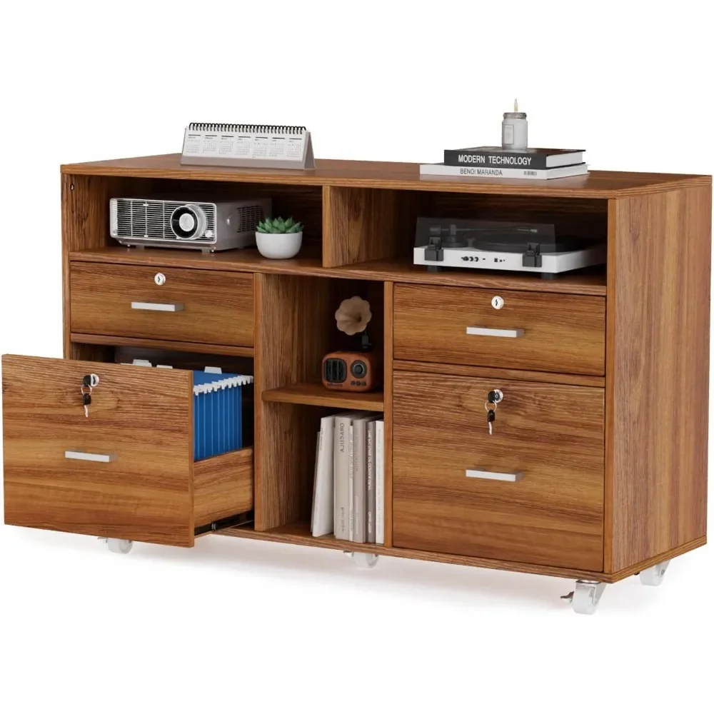 

Wide 4 Drawer File Cabinet with Lock, Wood Lateral File Cabinet with Open Shelves, Lockable Rolling File Cabinets for Office