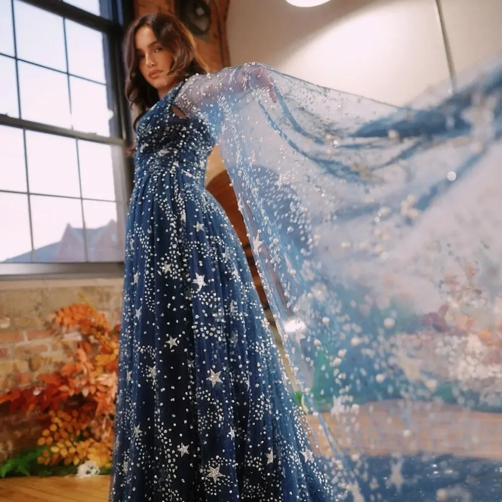 Amanda personalizzato blu navy glitter cinturino per spaghetti abiti da ballo maniche lunghe abiti da noche pavimento-lunghezza da sera formale 2025
