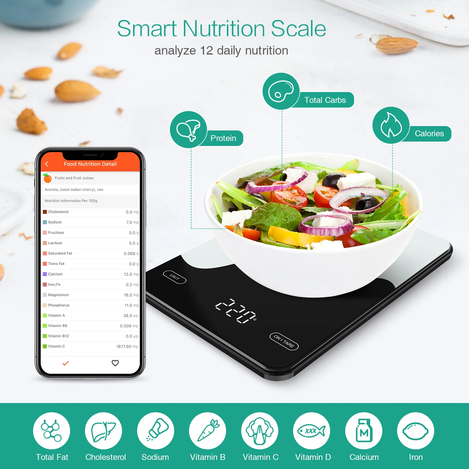 Digital Food Scale 10kg Smart Kitchen Scales with Nutrition Calculator APP Rechargeable Gram Scale for Weight Loss Baking Scales