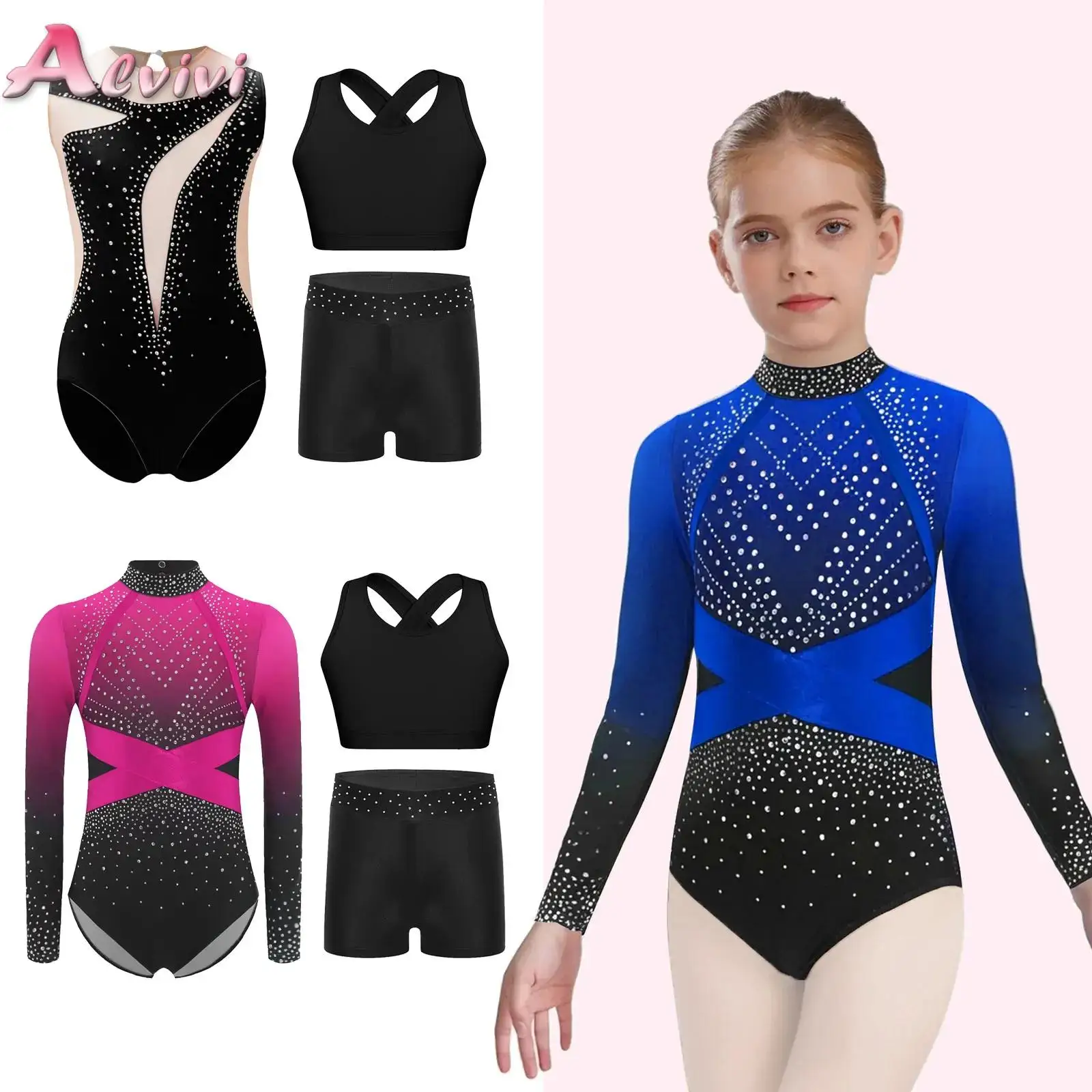 

Kids Girls Gymnastics Dancewear Sets Figure Skating Outfit Long Sleeve Rhinestones Color Block Leotard with Vest and Shorts Suit