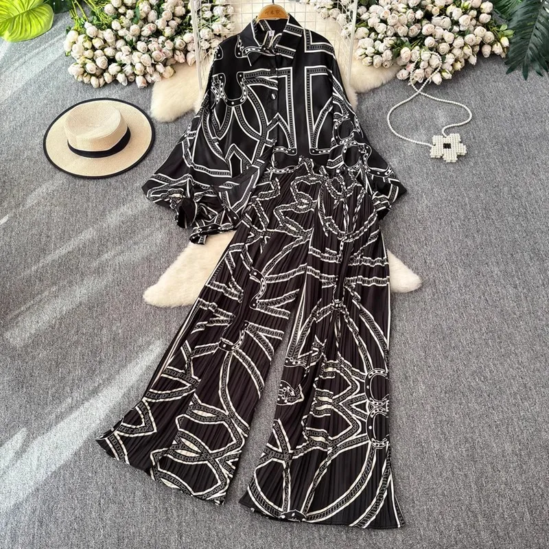 Camisa estampada superdimensionada estilo Europa e América, calças compridas de cintura alta, conjuntos de duas peças