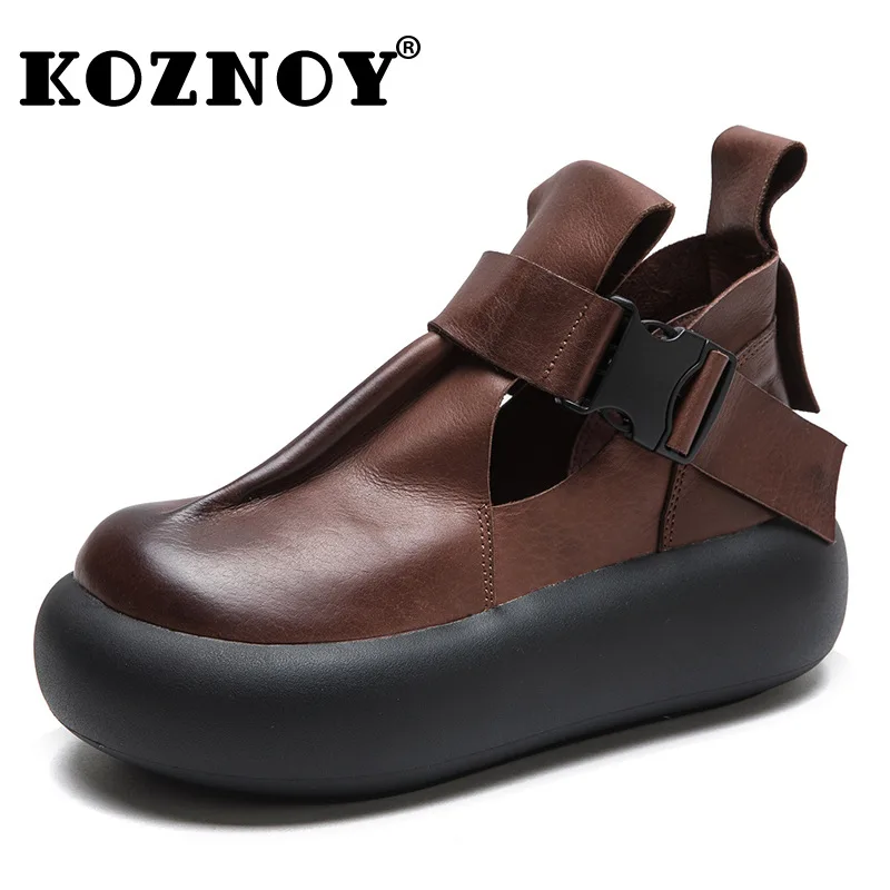 

Koznoy 5cm Ethnic Platform Wedge Summer Fashion Luxury Round Spring Autumn Shoes Women Ankle Booties Genuine Leather Mary Jane