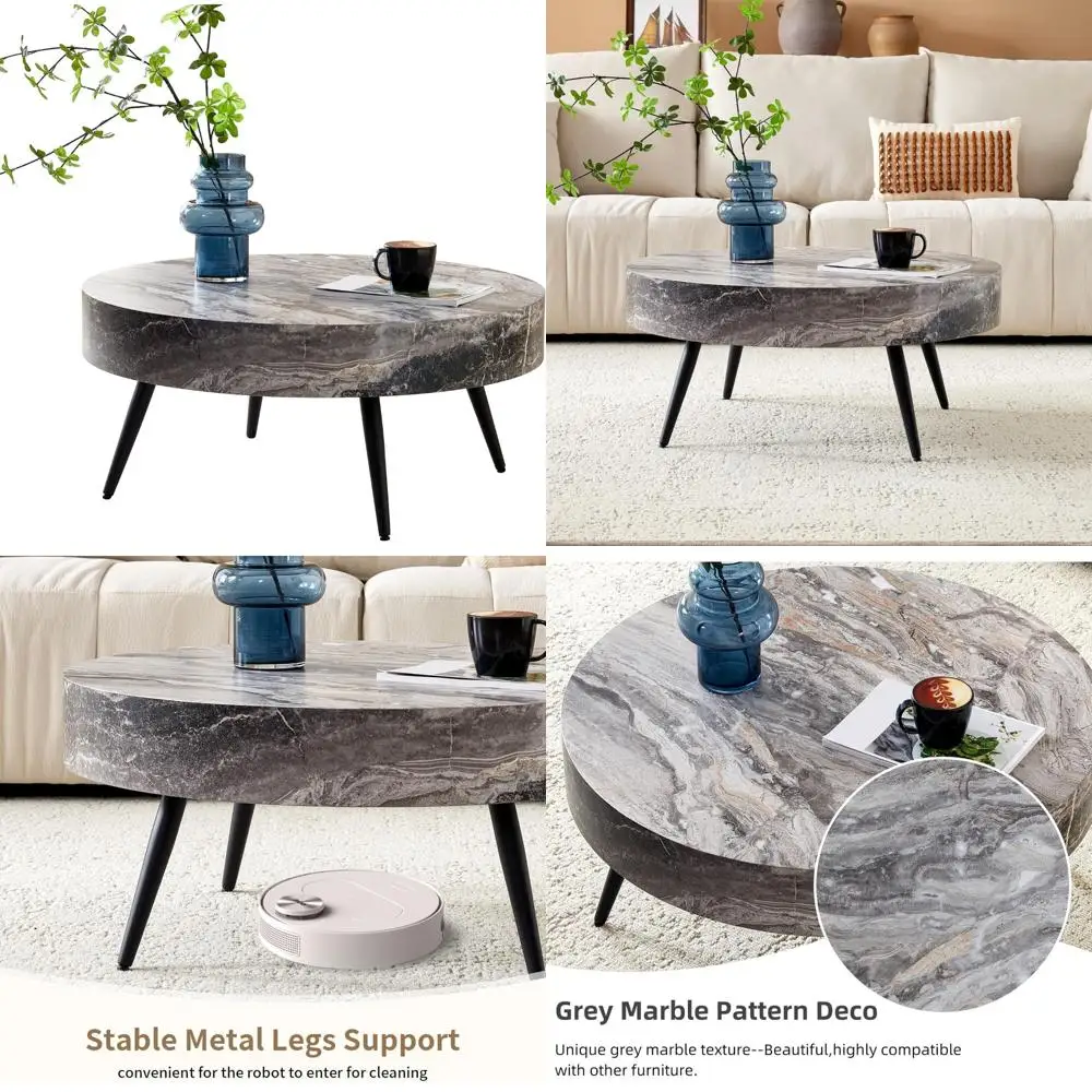 

Modern Round Metal Accent Coffee Table - Small Space Living Room Centerpiece for Apartments