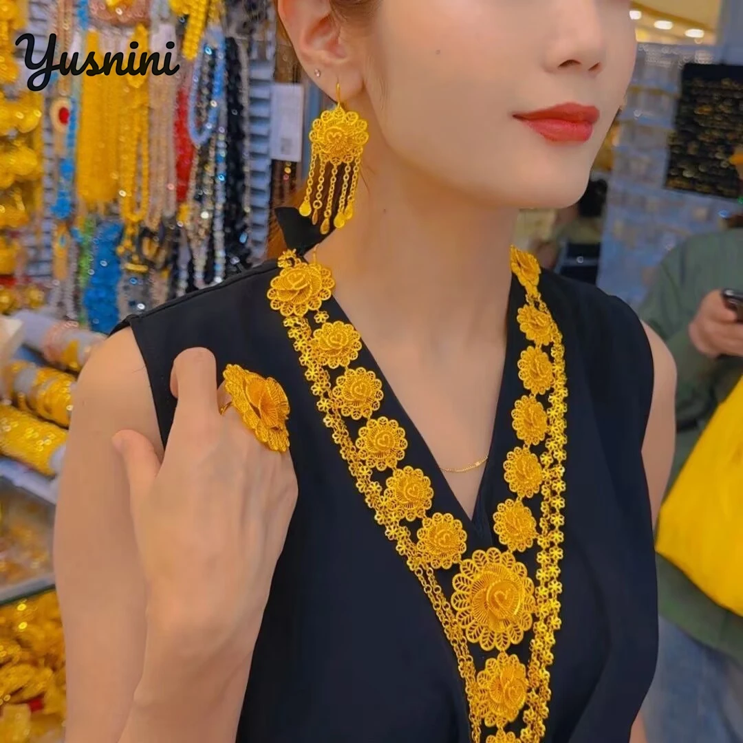 

New Dubai 24K Gold Plated High end Customized Necklace, Earrings, Rings for Couples' Wedding Party Jewelry Set DD10721