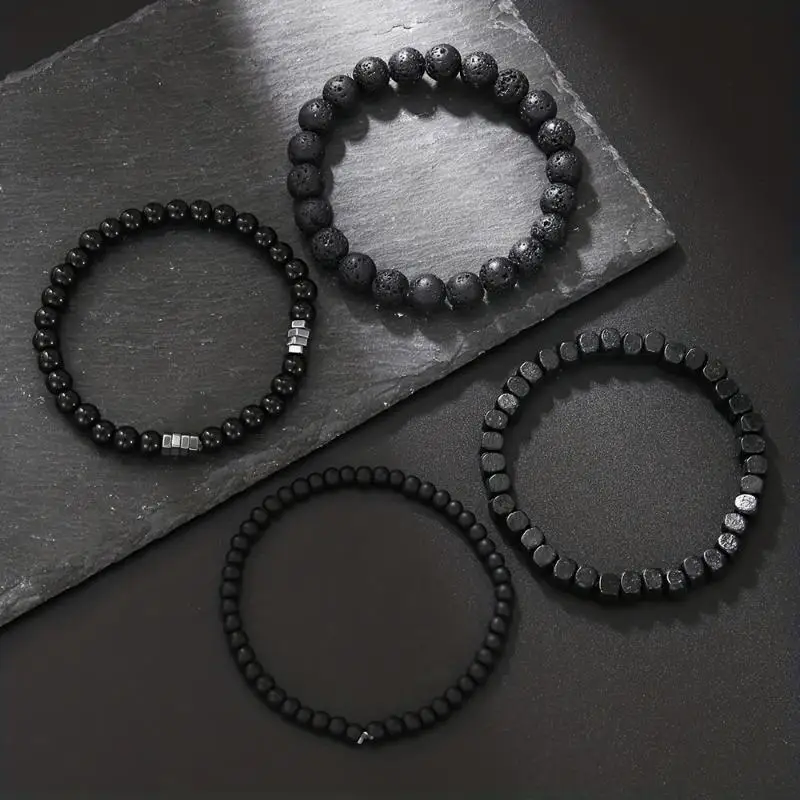 4 Stück schwarze Gallenstein-Vulkanstein-Holzperlen, mehrschichtiges elastisches Kombinationsarmband für Männer, stapelbarer Schmuck für Paare und Freunde, Geschenk. – Detail 3