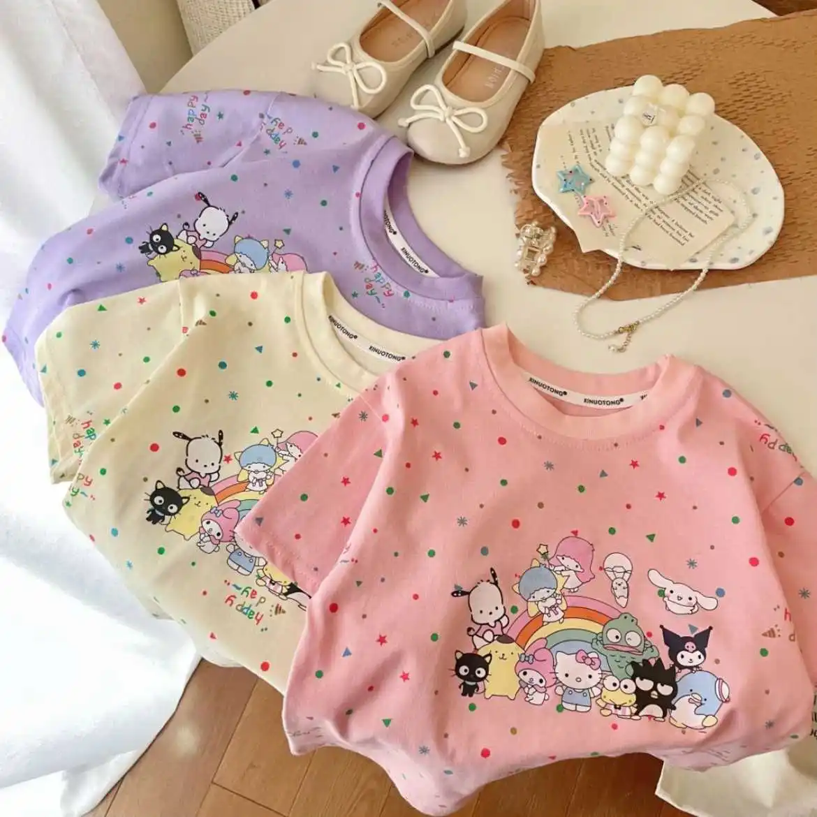 

2024 Summer Sanrioed T-Shirt Girl Kawaii Anime Kuromi My Melody Cinnamoroll Babys Round Collar Half Sleeve Sweet Cute Clothe Toy