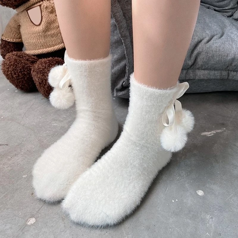 

Women Girls Furry Short Socks Sweet Satin Ribbon Hair Ball Bow Solid Winter Fuzzy Plush Christmas Hosiery 15UB