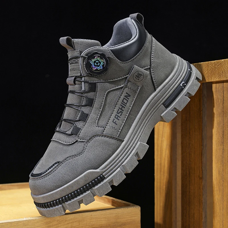 Men's Mid Top Work Boots Chunky Lug Sole Non Slip Platform Sneakers Outdoor Hiking Casual Utility Ankle Shoes Grey Khaki Two Col view 4