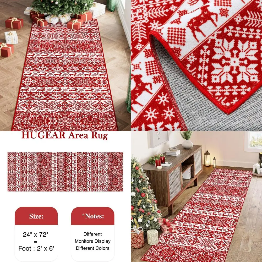 

Vintage Christmas 2x6 Runner Rug, Machine Washable, Low Pile, Red/White, Non-Slip Indoor Mat for Hallway, Bedroom, Kitchen, Entr