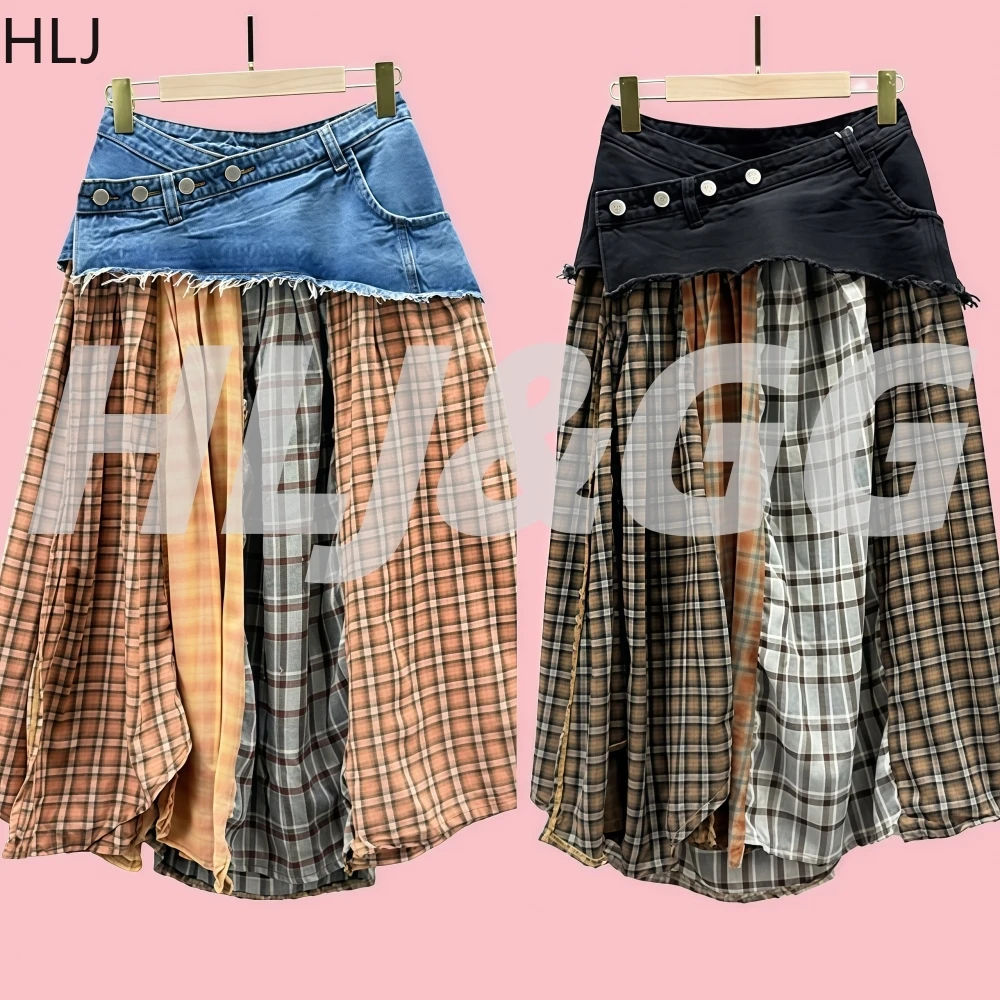 

HLJ Fashion Checkered Print Patchwork Plaid Skirts Women Irregular High-waisted A-line Skirt Female Streetwear Bottoms 2025 New