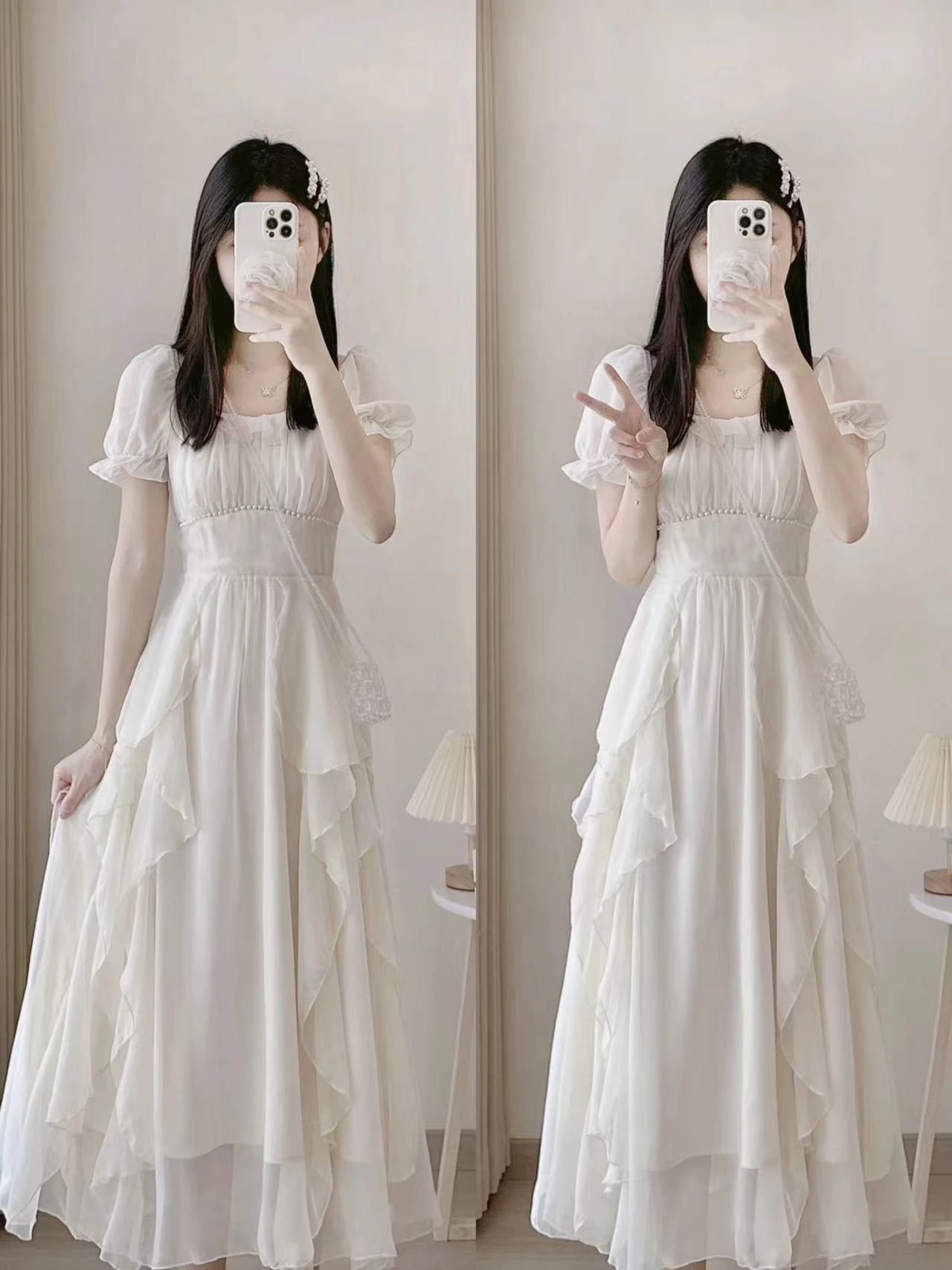 Französisches Damenkleid in Rosa mit eckigem Ausschnitt und Rüschenkante, Sommerkleid mit hoher Taille und schmaler Passform, zartes Feenkleid für den Urlaub – Detail 13