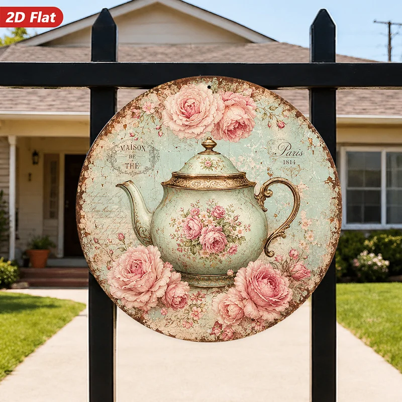 CIFBUY Vintage Distressed Round Metal Wall Art Pink Rose Teapot Sign Durable Weatherproof Decor for Living Room Bedroom Dining R