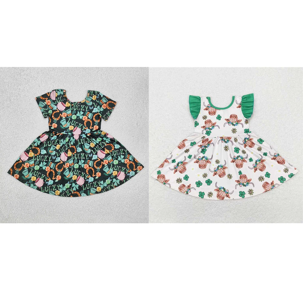 Wholesale hot sale Western Boutique Children Clothes Baby Girls St Patrick Day Highland Cow Knee Length Dresses