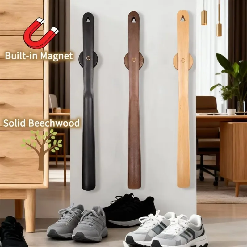 50cm Wall Mounted Magnetic Wooden Shoehorn Beech Wood Long Handle Shoe Aid for Elderly Household Durable Natural Finish Helper
