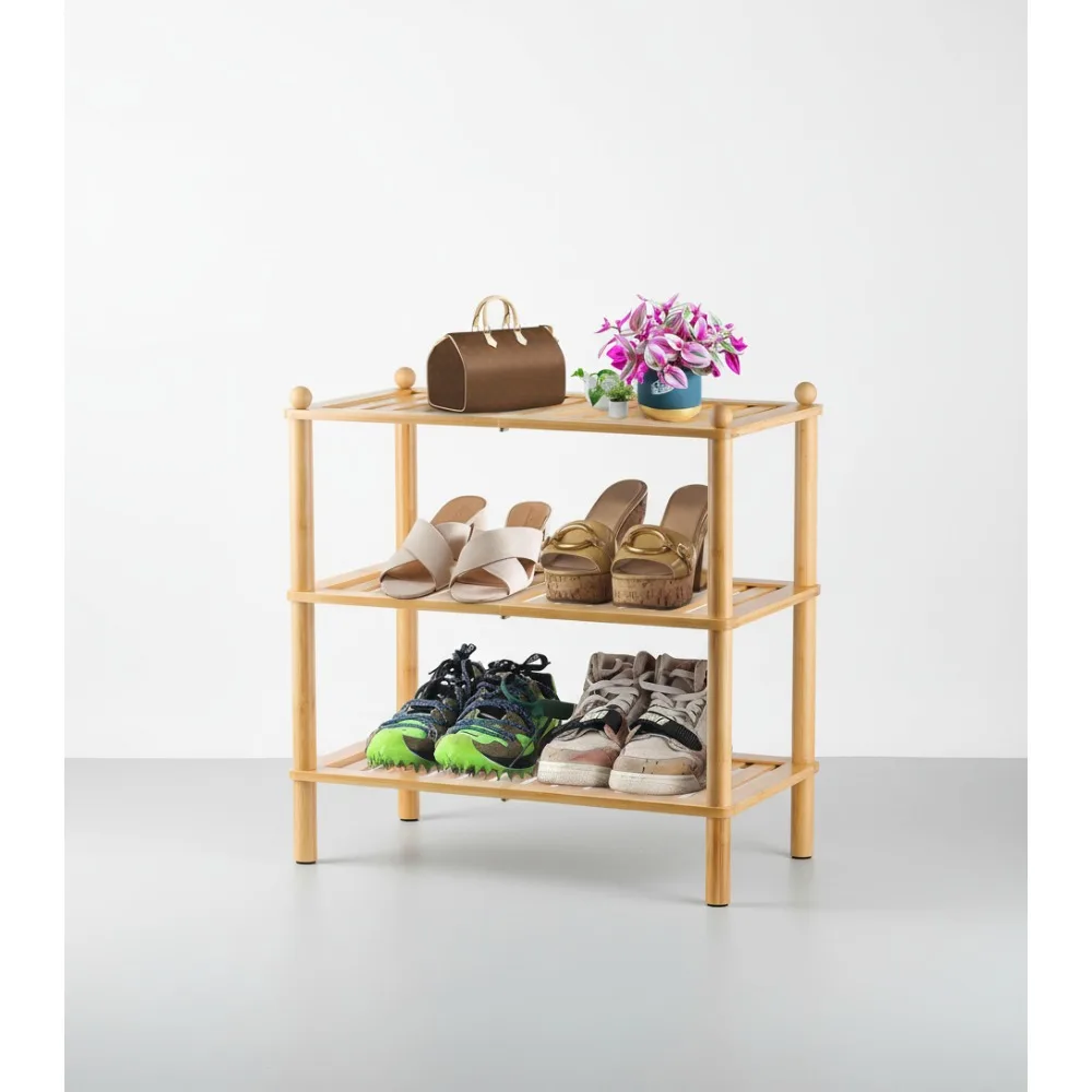 

3-х уровневая бамбуковая полка для обуви, компактная штабелируемая полка для хранения в прихожей, в прихожей, в шкафу