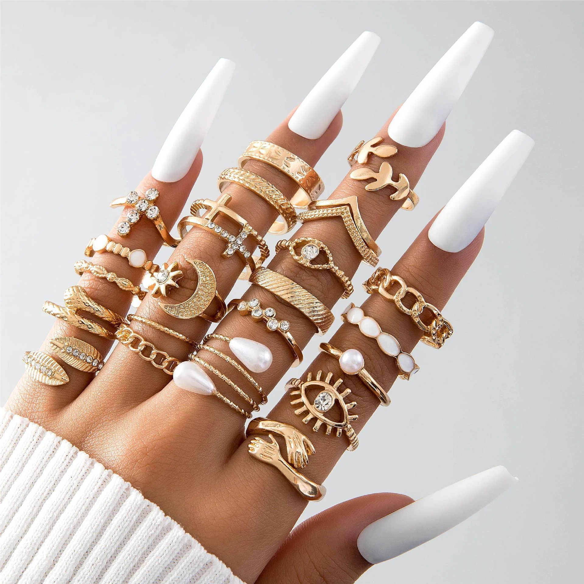 Vintage Elegant 66 Piece Fashion Ring Set Gold Color Pearl Geometric Rings Design for Women Daily Party Wear Jewelry Gifts 2024