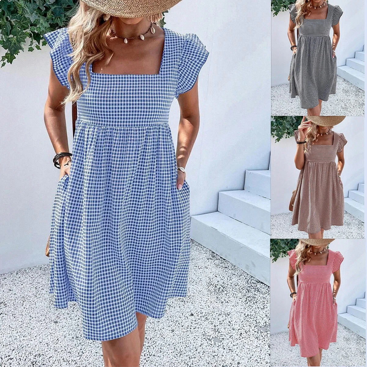 Womens Square Neck Ruffle Sleeve Plaid High Waist Dress Summer Spring Dresses