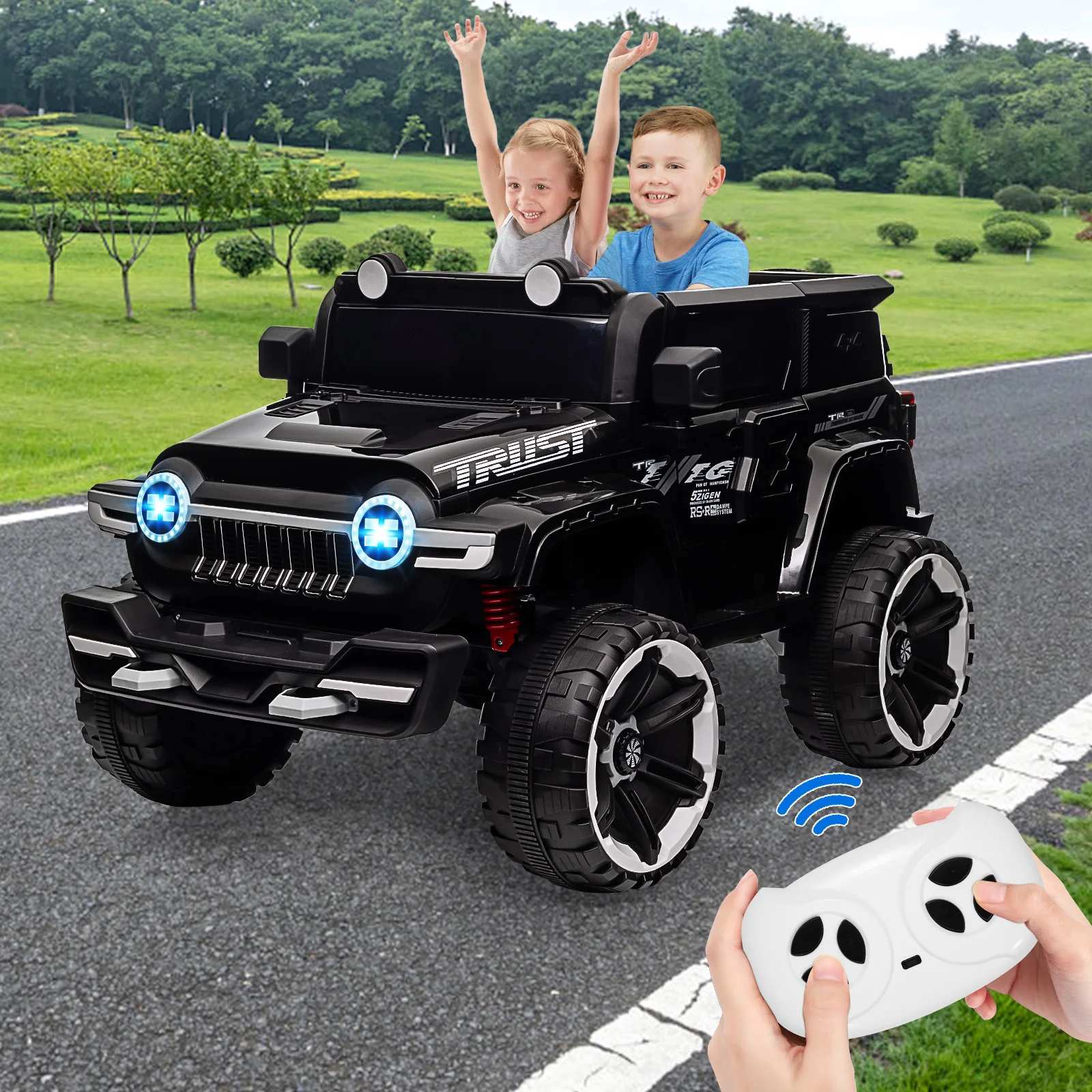 Coche todoterreno 4WD para niños de 12 V con control remoto, motor dual de 25 W, suspensión de resorte y reproductor de música, 3 velocidades, neumático de repuesto