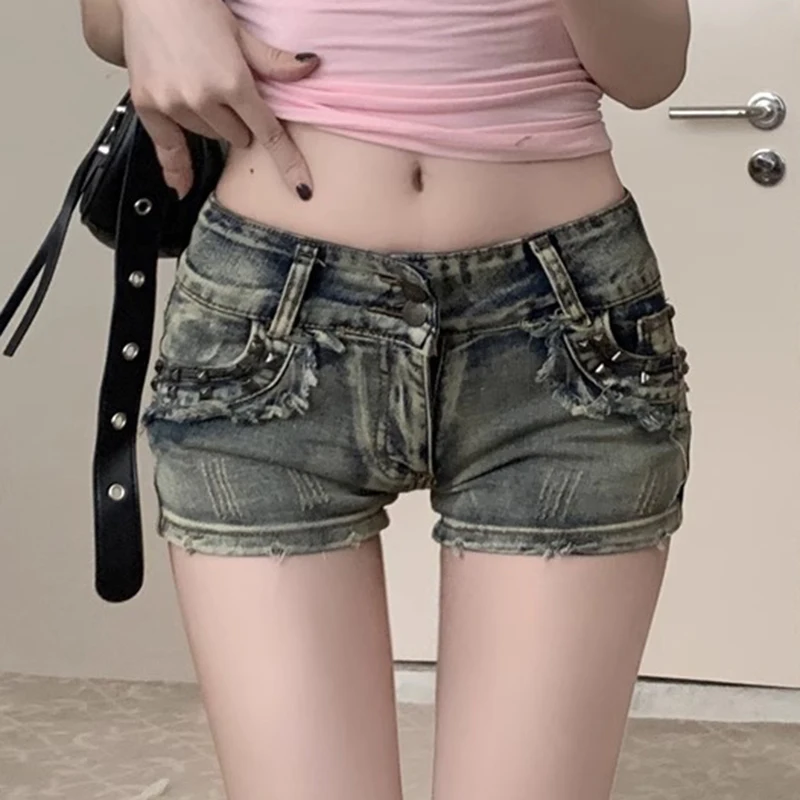 821 # Verão fino ajuste cintura elástica denim shorts'spicy girl' cintura baixa design americano super shorts calças quentes para mulher