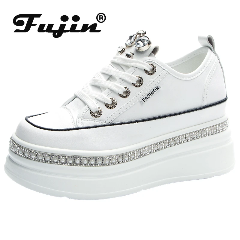 Fujin 7cm Genuine Leather Women Vulcanized Autumn Spring Hidden Heels Women Casual Bling Chunky Sneakers Platform Wedge Shoes