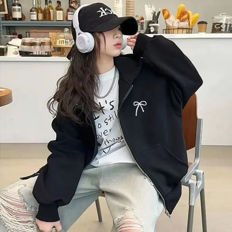 5-14 Girls Years Casual Jackets Sweatshirt Coats New Autumn Kids Bow Print Thin Zipper Outerwear Spring Teen Sport Clothes