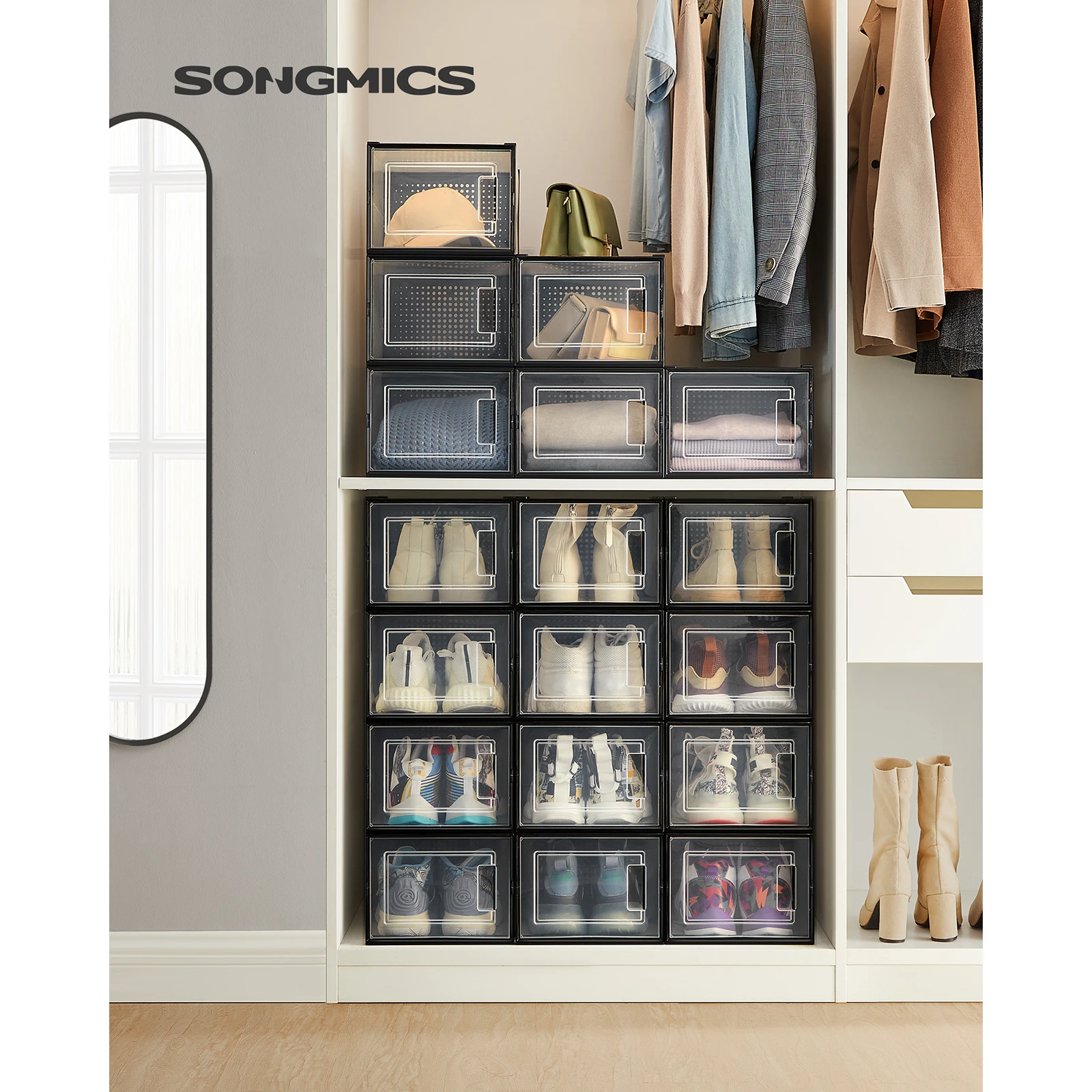 SONGMICS 18 Stackable Shoe Boxes, Foldable, Fit up to UK Size 11.5, Black