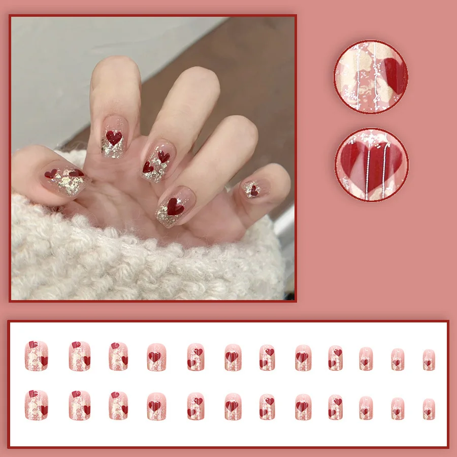 24pcs/set Short Square fake nails for women gilrs cute red white heart full cover nail tips acrylic press on false nail art set view 2