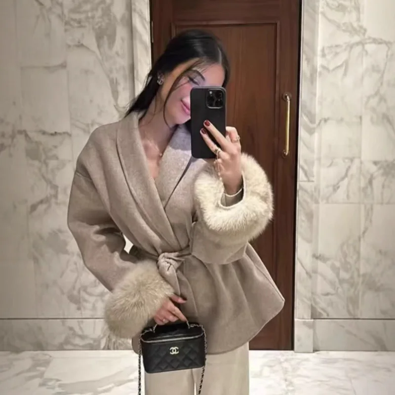 Women Faux Fur Trim Belted Wool Blend Coat Lapel Collar Loose Wrap Jacket Elegant Fall Winter Luxury Short Outerwear