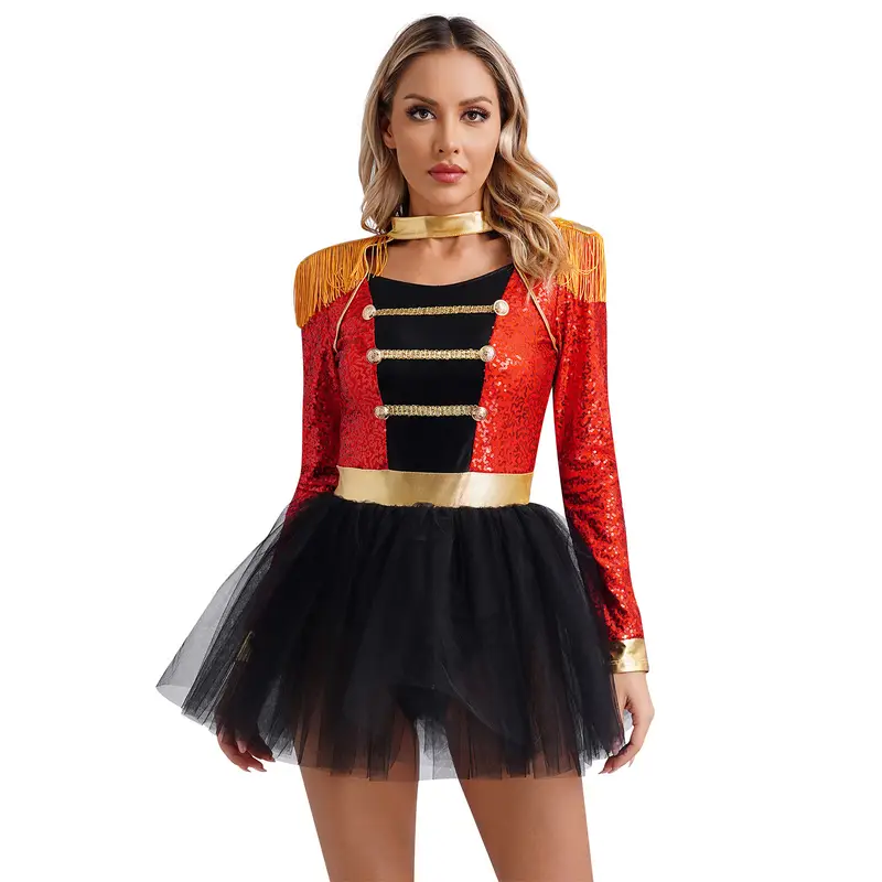 Women Circus Costume Ringmaster Tulle Skirted Tutu Leotard Dress Festival Long Sleeve Fringed Shoulder Halloween Fancy Costume - Image 7
