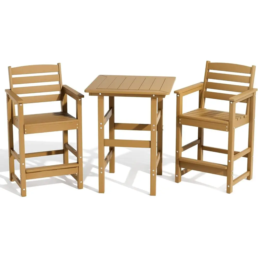 

All-Weather HDPE Outdoor Patio Bar Set with 2 Chairs and Table for Balcony, Poolside, Backyard Bistro (Teak)
