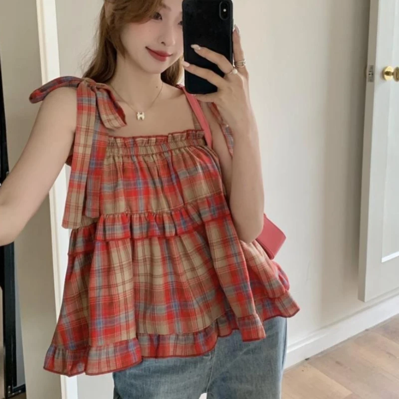 Girly Y2k Crop Top Homemade Summer New Japan Style Vintage Sweet Spicy Fungus Edge Lace Up Green Plaid Strap Tank Top for Women