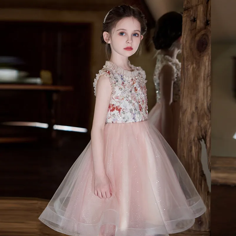 

2026 New Pink Princess Dress for Girls Spring Fashion Baby Long Junior Concert Dress Flower Simple Girl Dresses For Evening Part