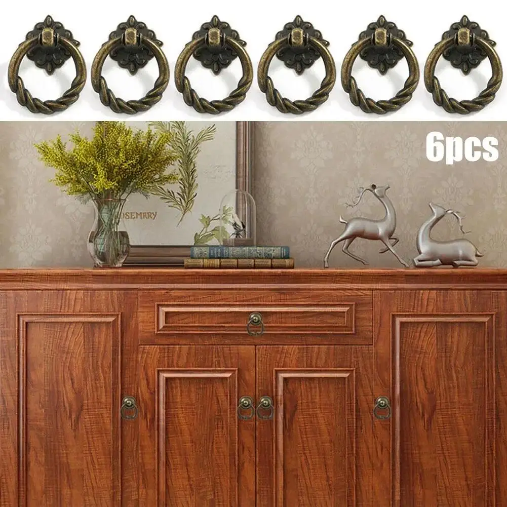6Pcs Retro Vintage Cabinet Door Handle Pulls Antique Copper Color Cupboard Ring Handles Zinc Alloy Drawer Pulls Furniture Decor