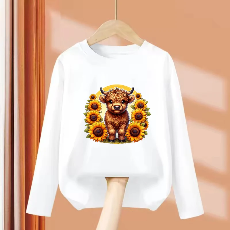 Long Sleeve Fashion Cow with Flower Design T-Shirt Printed T Shirt Girls' Summer Clothes Tops T-Shirts Cute Boys Clothing