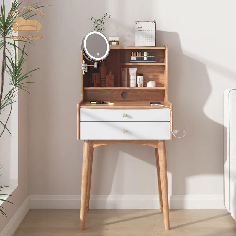 Japanese-style all-solid wood dresser 50cm 60cm log style small apartment bedroom ultra-narrow makeup table with lamp mirror