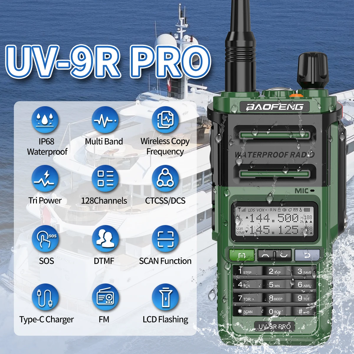 Baofeng UV-9R PRO Walkie Talkie IP68 Waterproof Full Band Wireless Copy Frequency 128CH AM FM Type-C Long Range Two Way Radio
