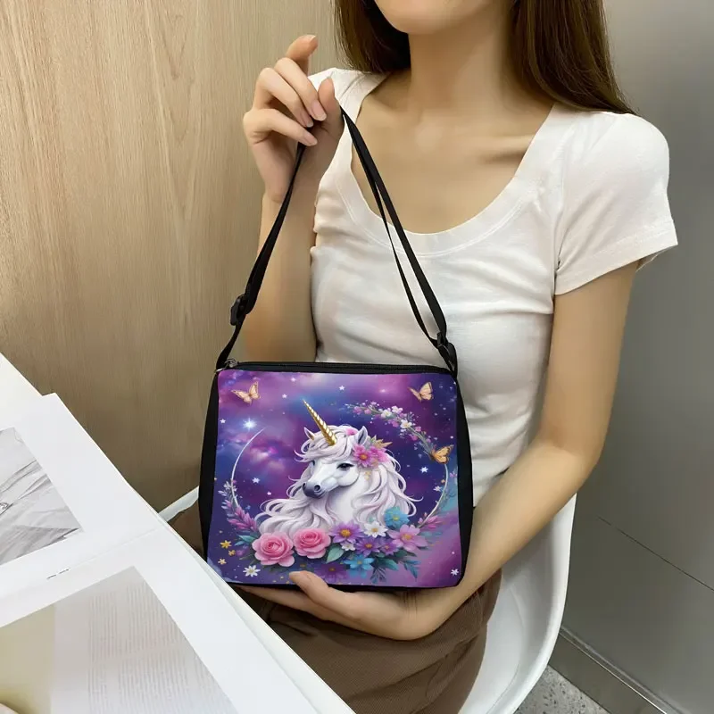 Cute Unicorn Flower Print Shoulder Bag Women Handbags for Travel Crossbody Bag Phone Holder Portable Messenger Bags Gift