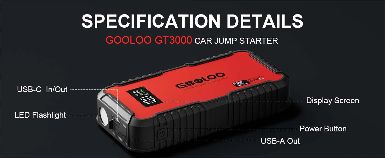 GOOLOO GT3000 Auto-Starthilfe Powerbank 12000mAh Tragbares Ladegerät Booster 12V Auto-Startgerät Notfall-Batterie-Starter – Detail 5